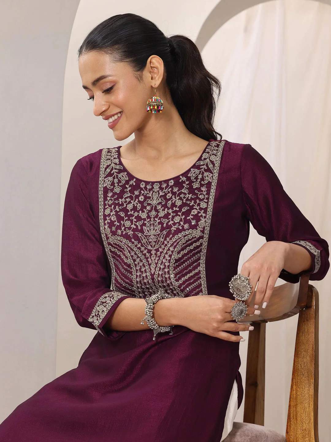 23513O_5Main.webp Wine Yoke Design Silk Kurta - Image 1