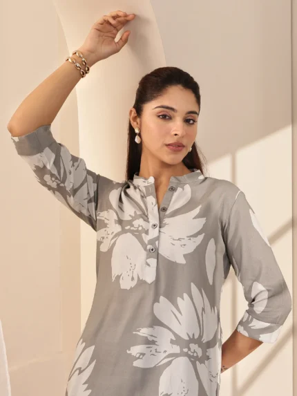 Grey Printed Rayon Straight Tunic